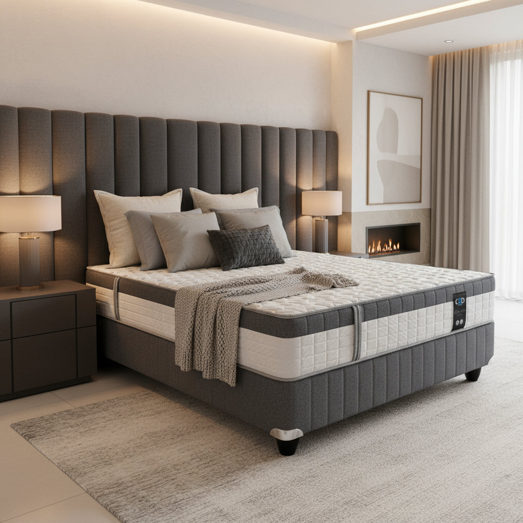 A king-sized mattress with a patterned gray and white bedding set on a box spring, raised slightly above the floor on black bed frame legs.