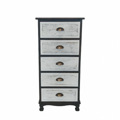 Wooden dresser with five drawers on a white background