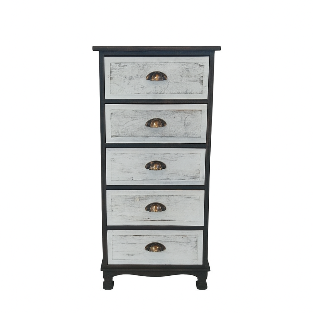 Wooden dresser with five drawers on a white background