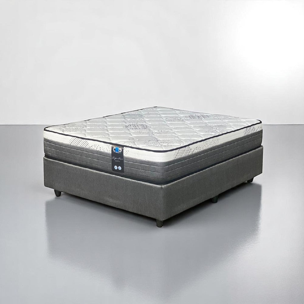 Gray mattress on a gray platform with a white background