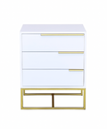 White nightstand with gold accents on a white background