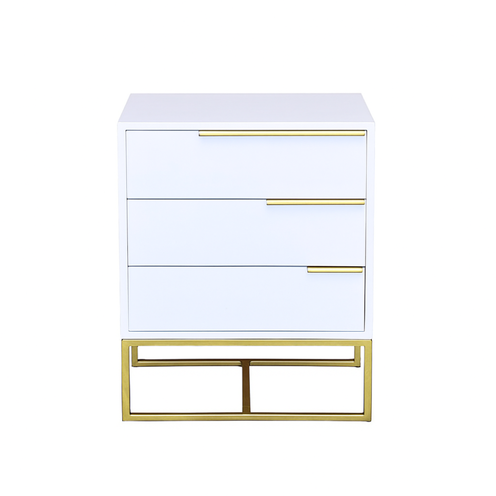 White nightstand with gold accents on a white background