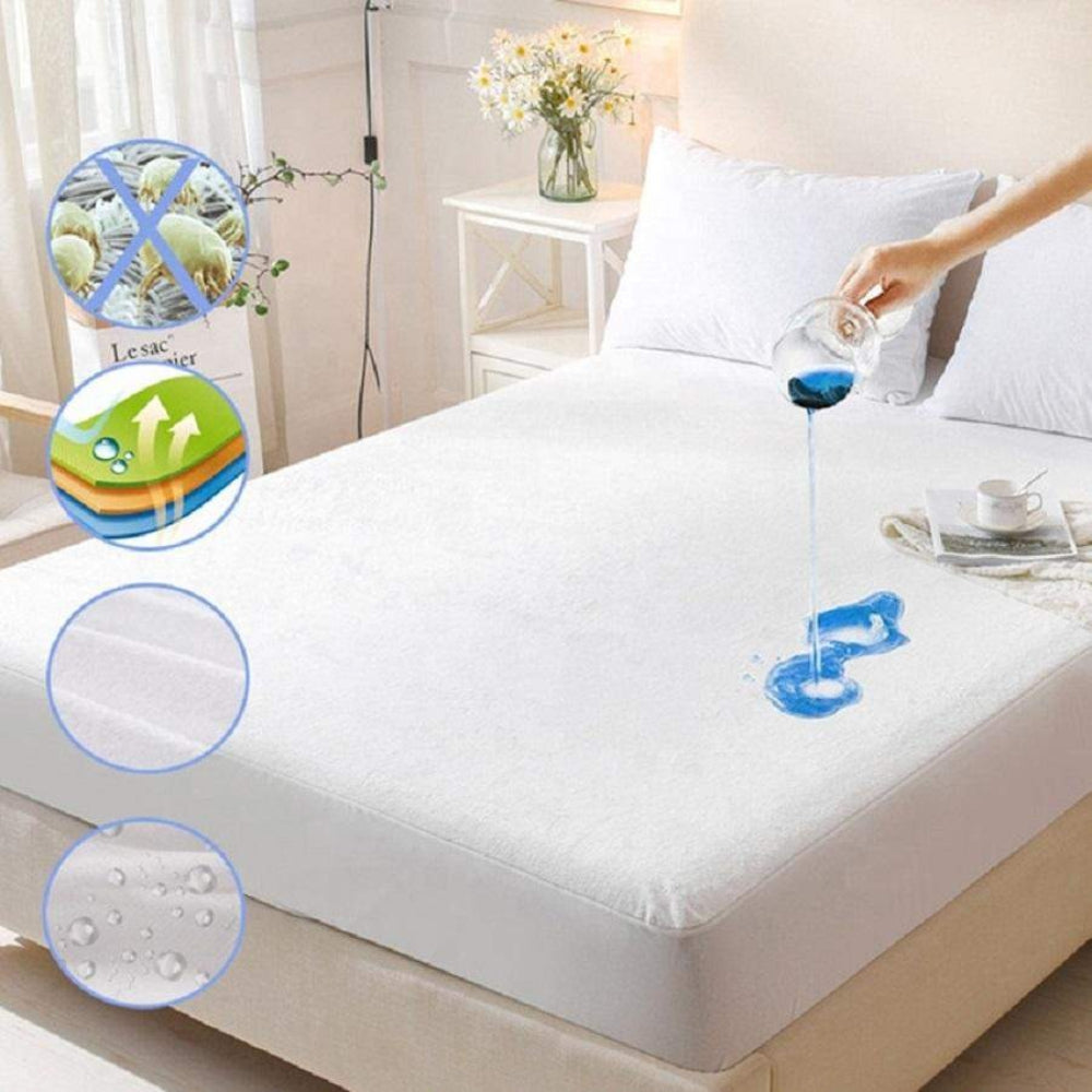 Mattress protector being demonstrated with water being poured onto it, with icons showing features.