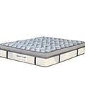 Mattress with blue patterned cover on a white background
