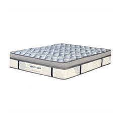 Mattress with blue patterned cover on a white background