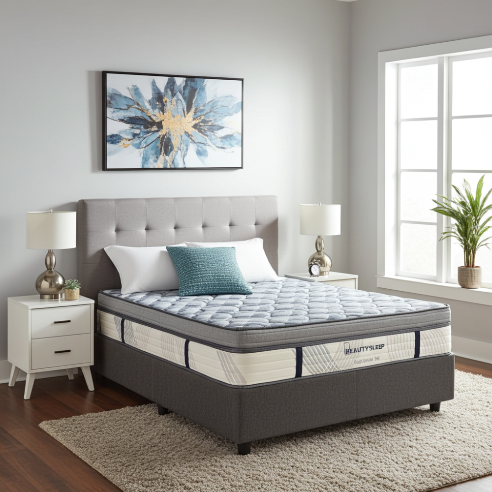 Bedroom with a mattress on a bed, nightstands, and decor
