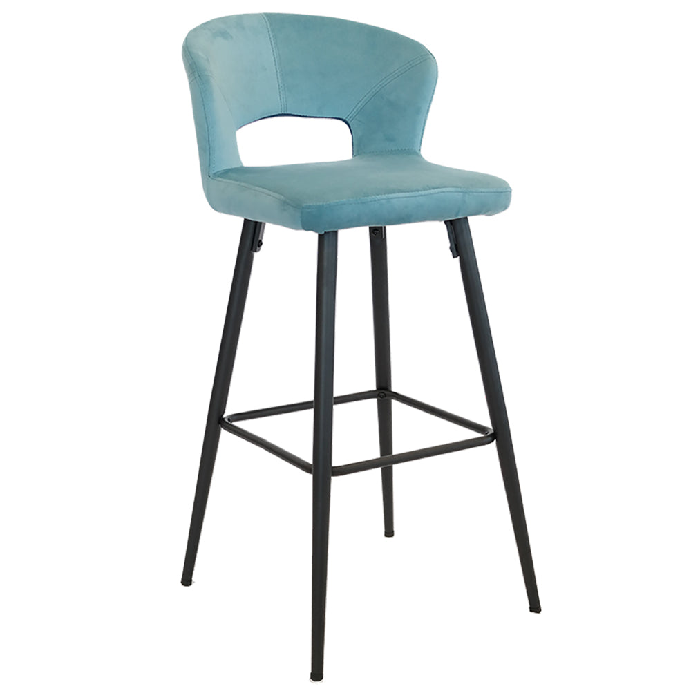 Blue bar stool with black legs on a white background