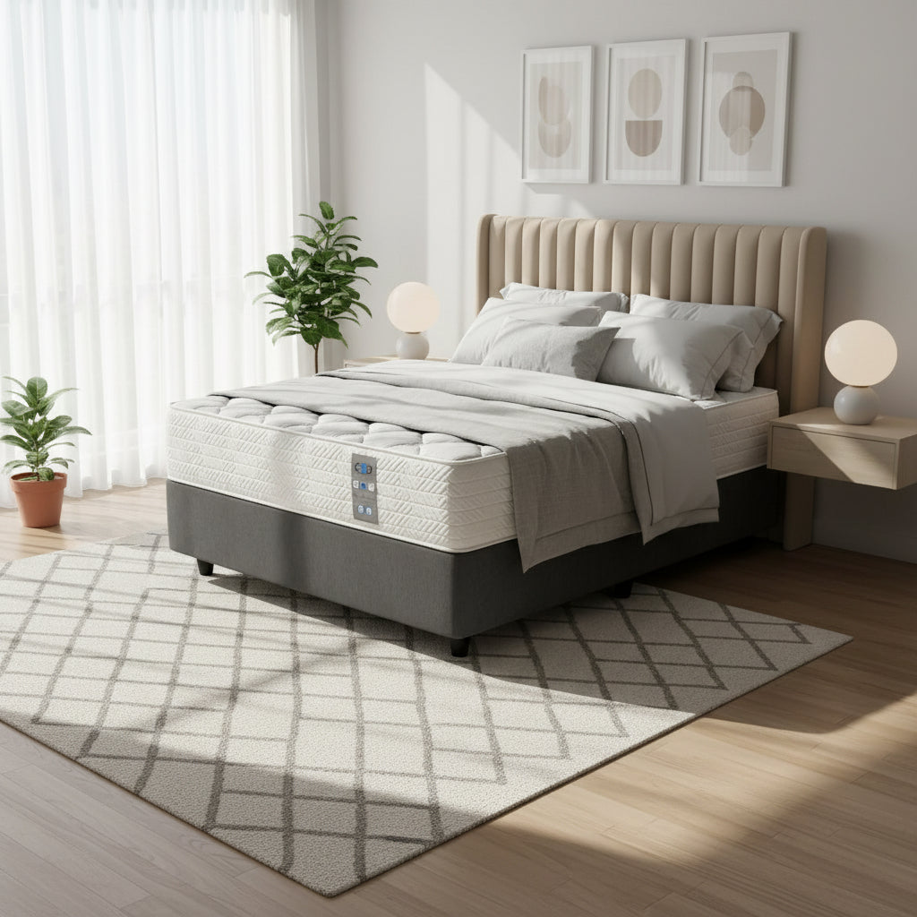 Mattress on a wooden floor with curtains in the background