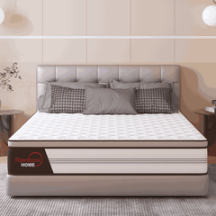 Mattress with decorative pillows on a bed in a bedroom setting, featuring the Rainbow Home brand.