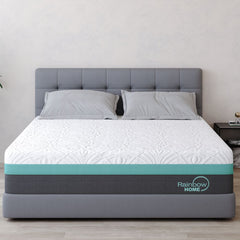 A queen-sized mattress with a gray and white color scheme, featuring a label that reads 'Rainbow Home.