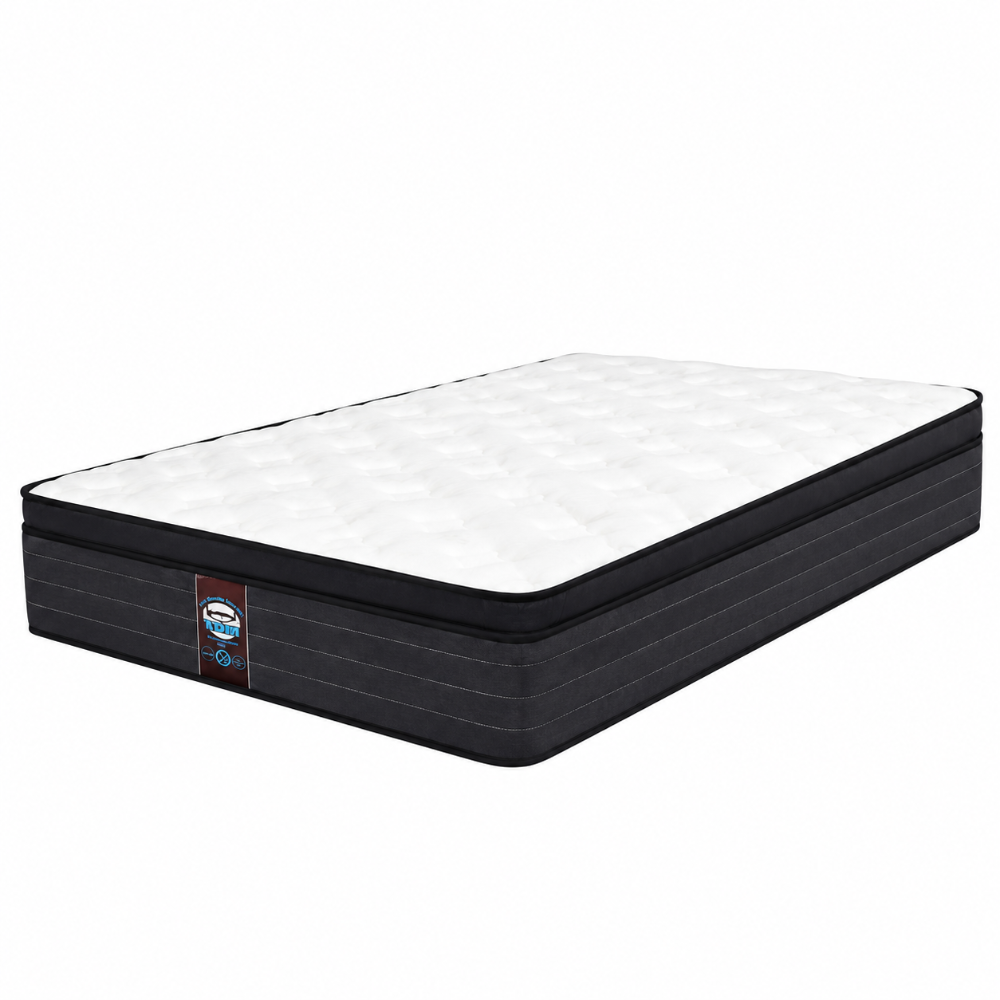 A high-profile box spring mattress with a white quilted top and a black ribbed side, shown on a plain white background.