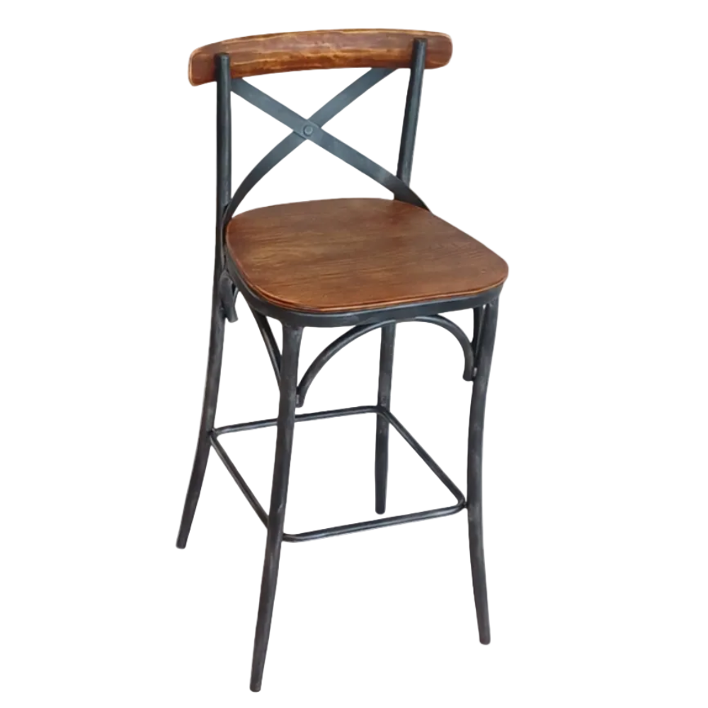 Bar stool with wooden seat and backrest on a white background