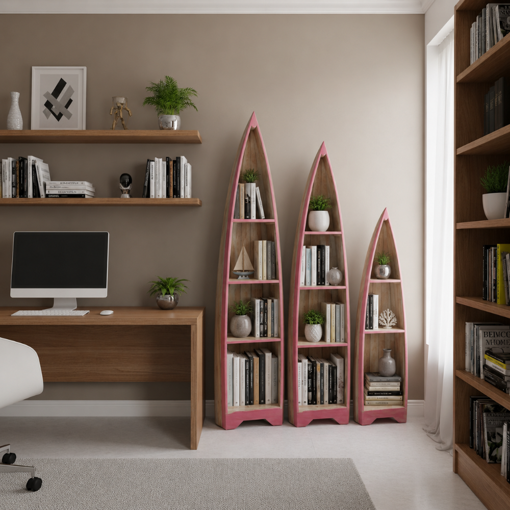 Three pink boat-shaped bookshelves in a room with a desk and books.