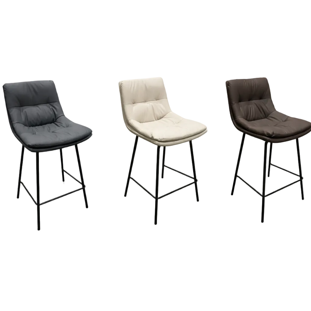 Three bar stools with different colored seats on a white background