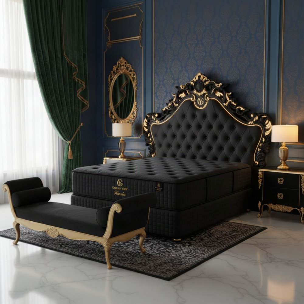 A black tufted mattress on a matching quilted base, branded with a gold logo that reads Garlad Yosh Hercules, shown on a clean white background.