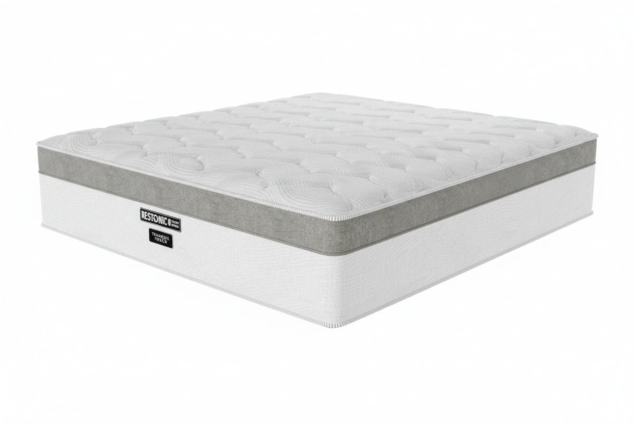 Gray mattress with Restonic logo on a white background