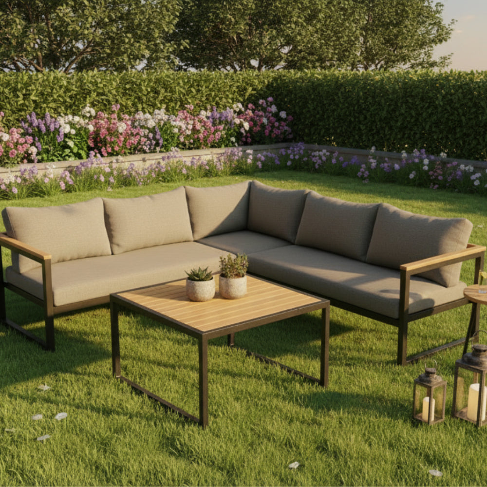 Sectional outdoor sofa with wooden table on a white background
