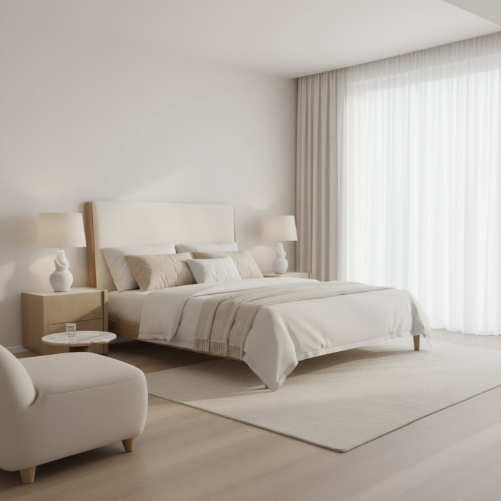Beige headboard with wooden frame on a white background