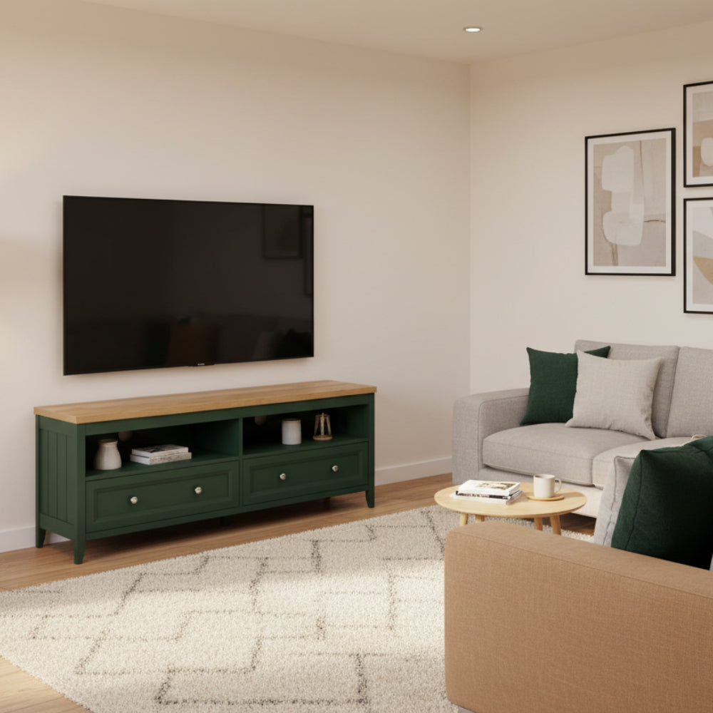 Green TV stand with a wooden top on a white background