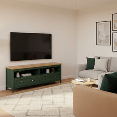 Green TV stand with a wooden top on a white background