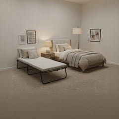 Foldable bed with a mattress on a white background