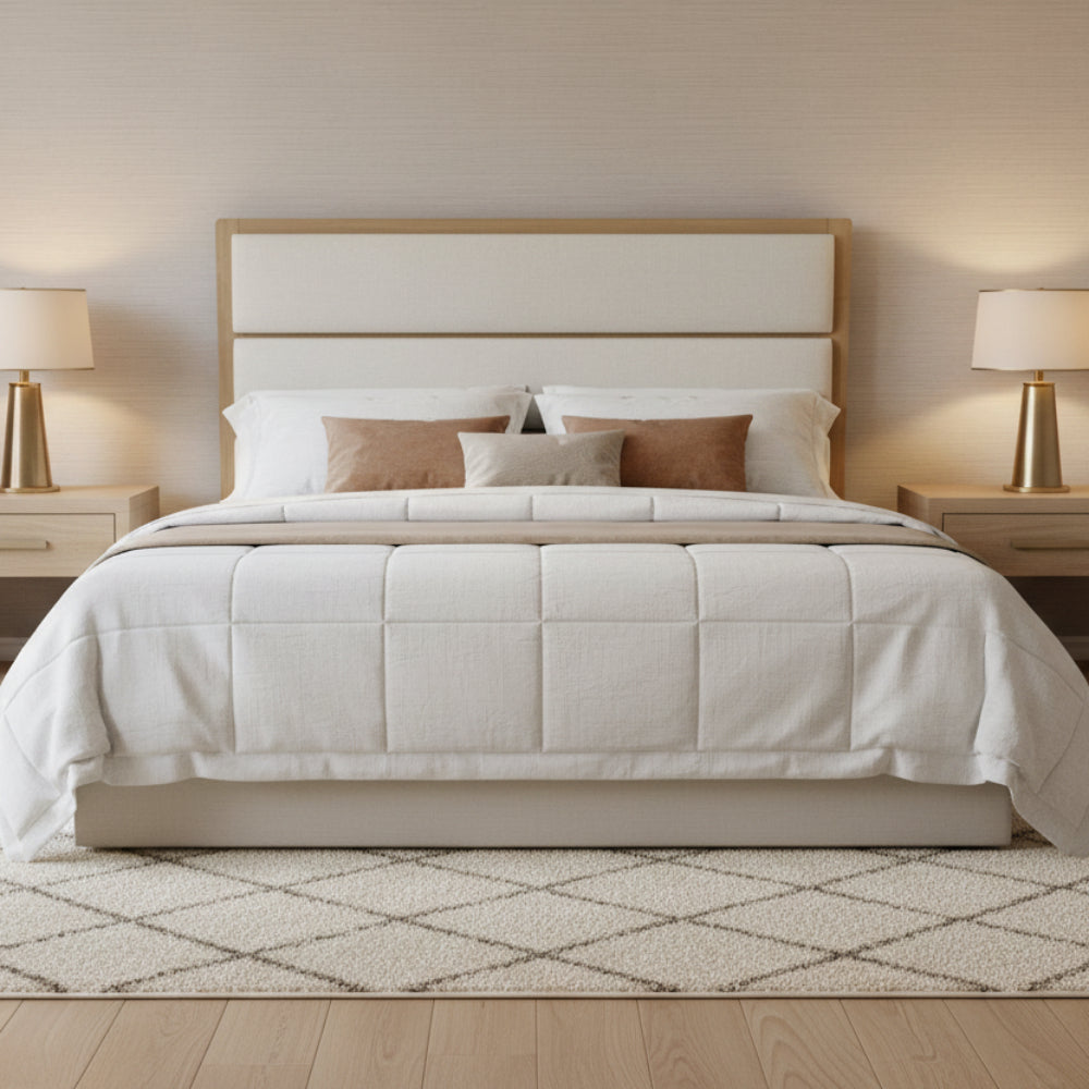 White upholstered headboard with wooden frame on a white background