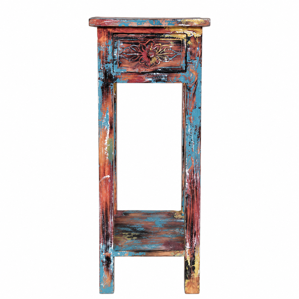 Wooden side table with distressed multicolor finish on a white background