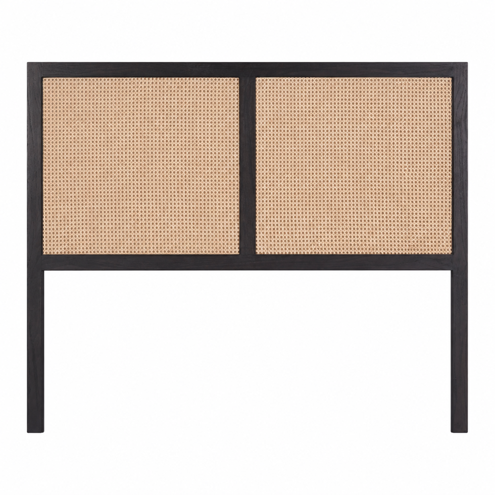 Headboard with black frame and woven natural material on a white background