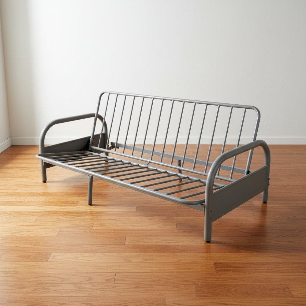 Gray metal futon sofa bed on a white background