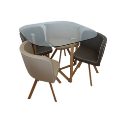 Dining table with four chairs on a white background