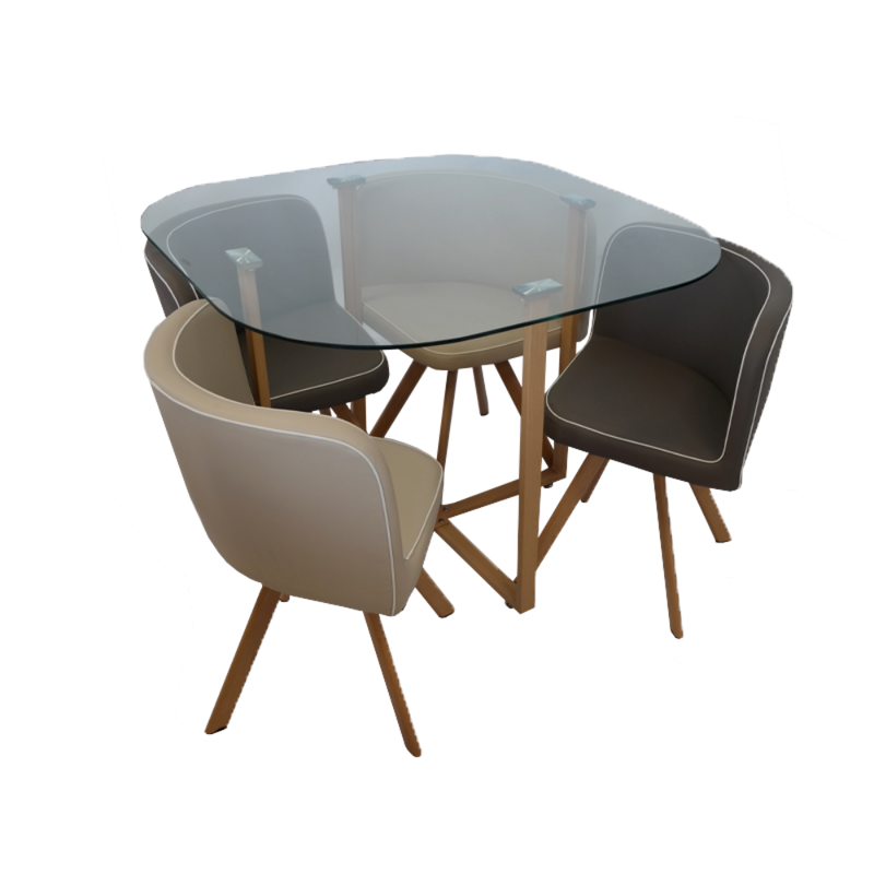 Teca 5pieces Dinningroom Table Set with Grey/Beige Chairs and Glass Table-zoom-