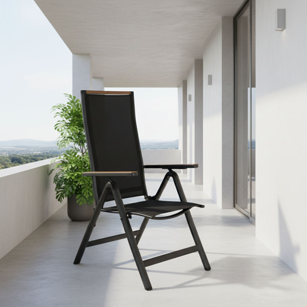 Black folding chair with wooden armrests on a white background