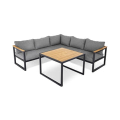 Outdoor furniture set with a sectional sofa and wooden table on a white background