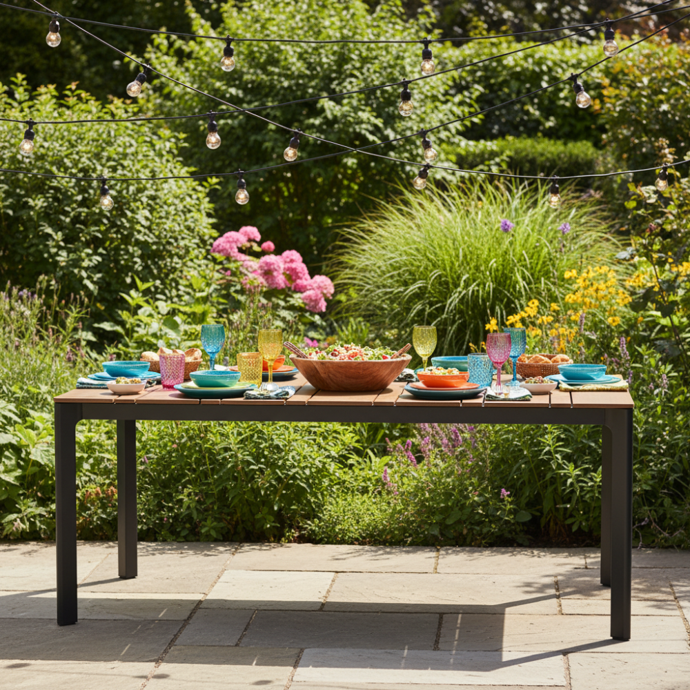 Rectangular outdoor table with wooden top and black metal legs on a white background