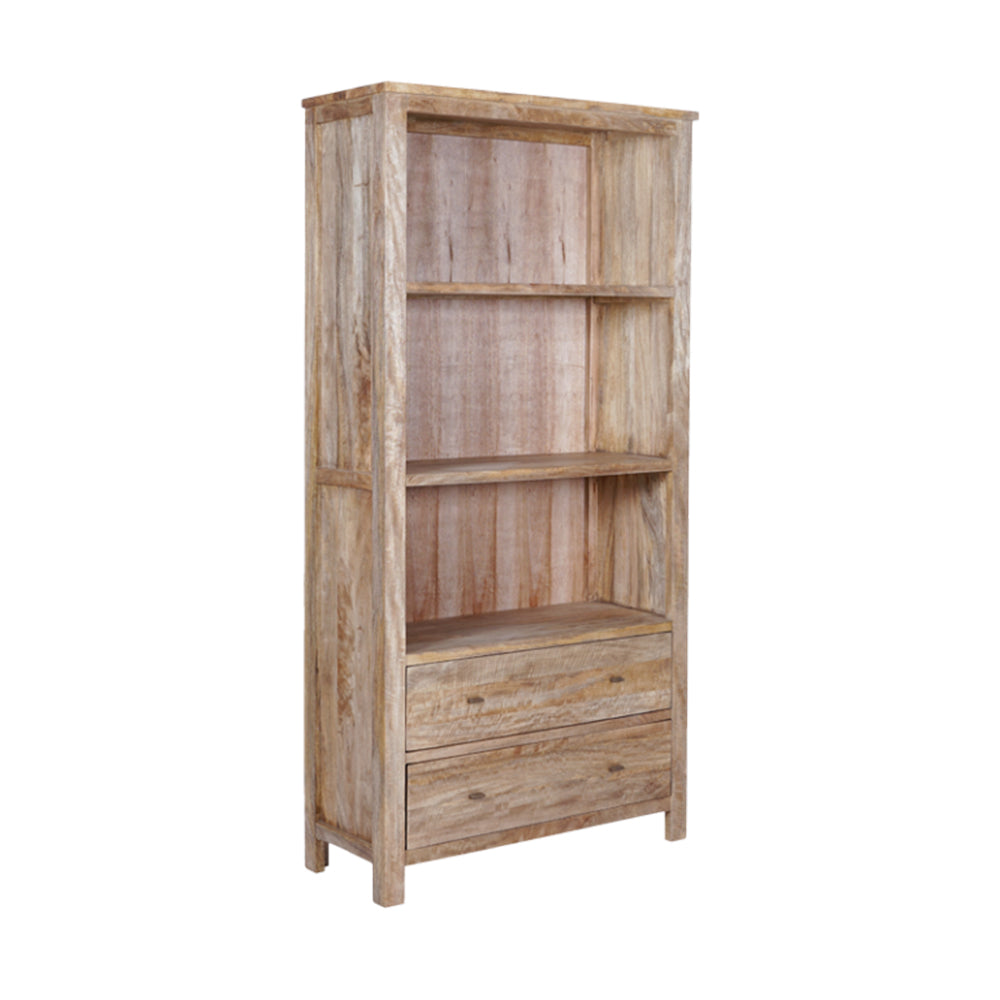 Wooden bookshelf with three shelves and a drawer on a white background
