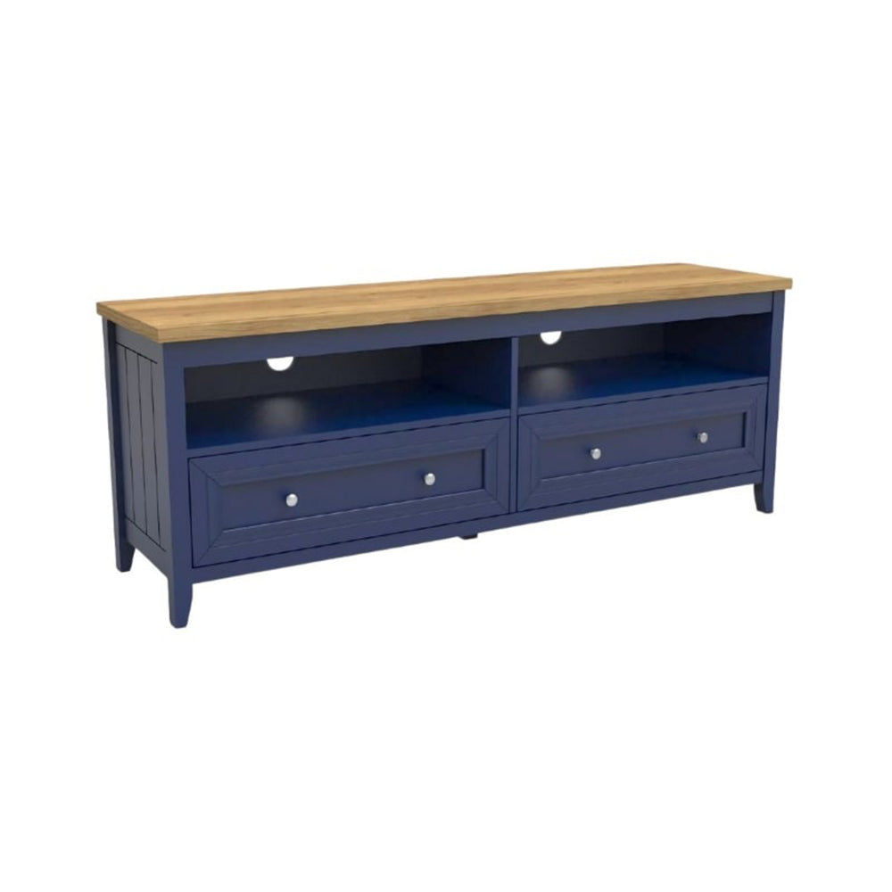Blue TV stand with wooden top on a white background