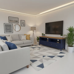 Blue TV stand with wooden top on a white background