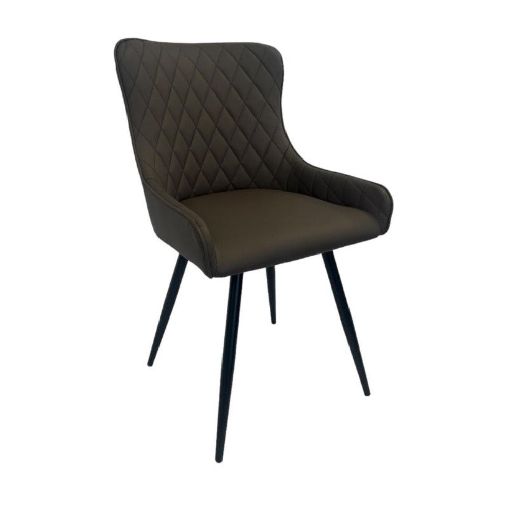 Dark brown quilted chair with black legs on a white background