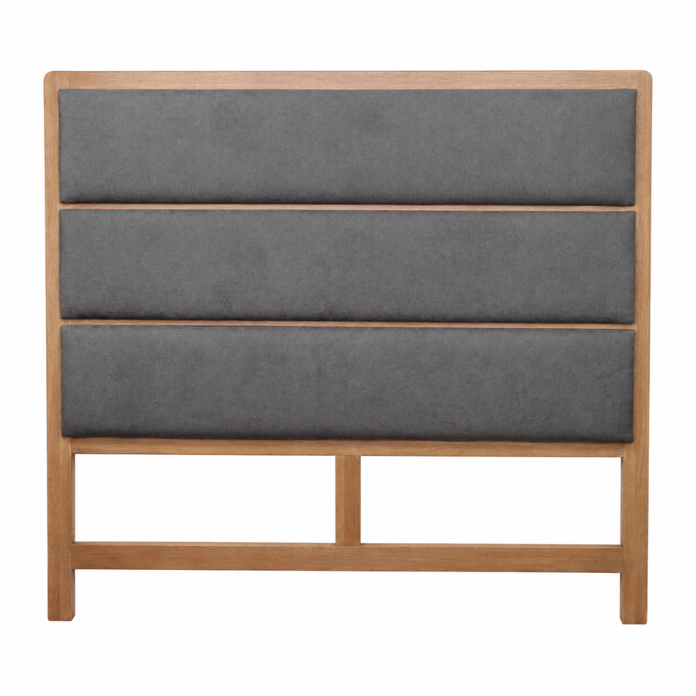 Gray upholstered headboard with wooden frame on a white background