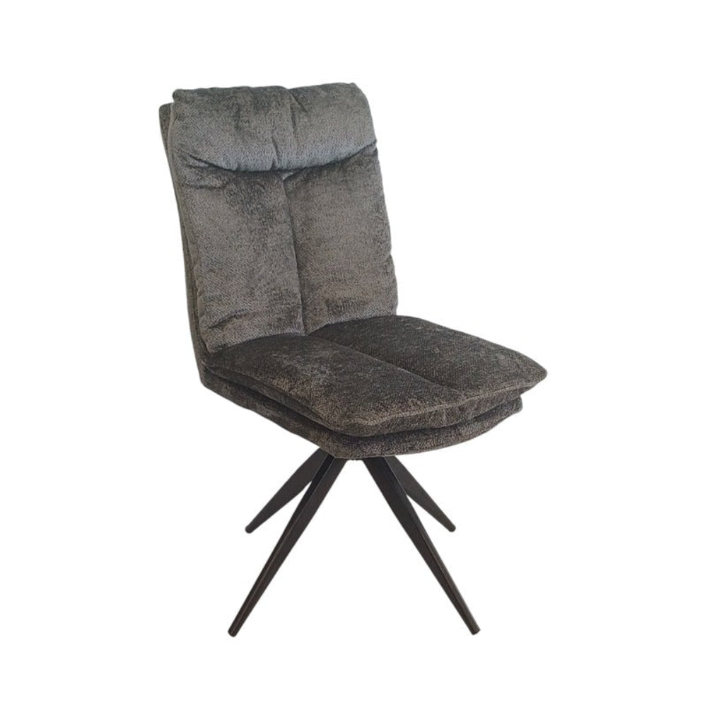 Gray upholstered chair with black metal legs on a white background