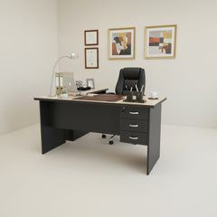 Black office desk with a light wood top on a white background