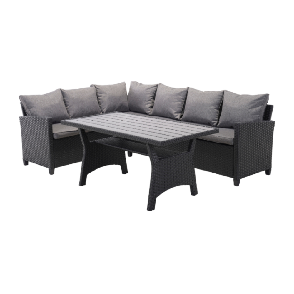 Gray outdoor sectional sofa with cushions on a white background