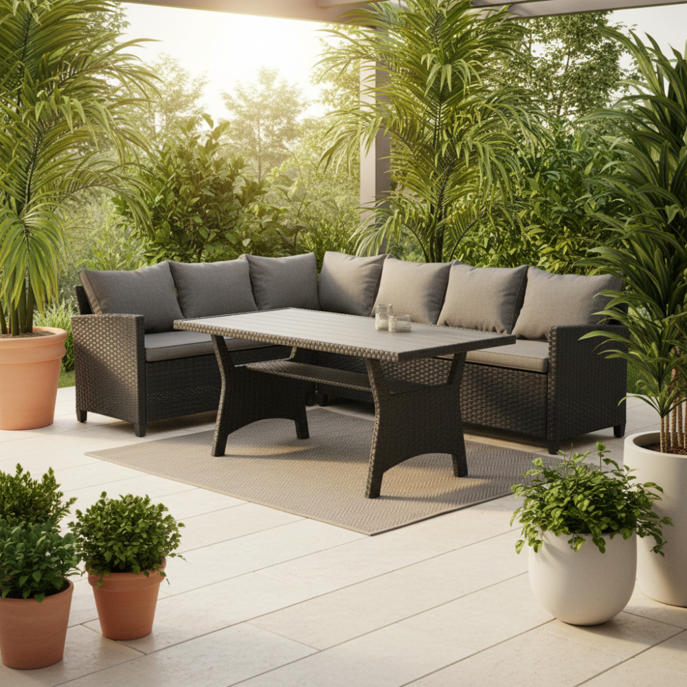 Gray outdoor sectional sofa with cushions on a white background