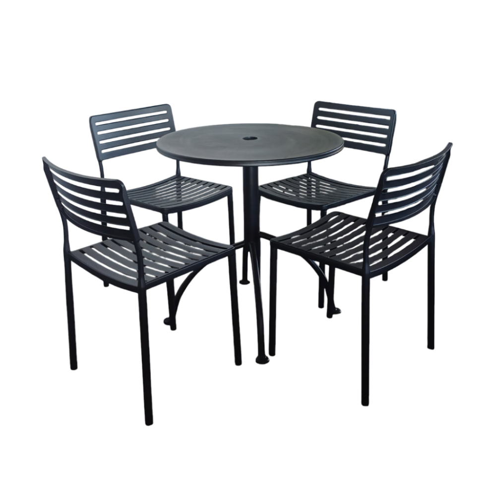 Black metal outdoor table with four matching chairs on a white background