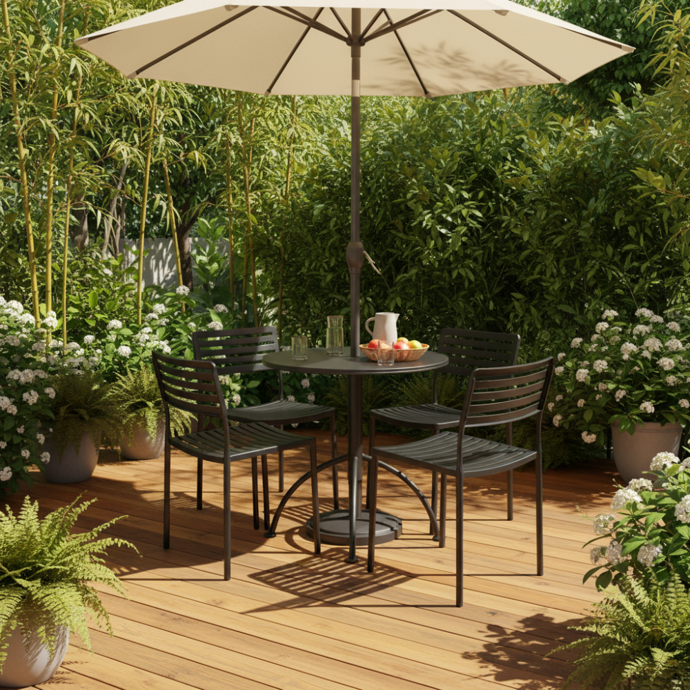 Black metal outdoor table and chairs set on a white background