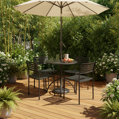 Black metal outdoor table and chairs set on a white background