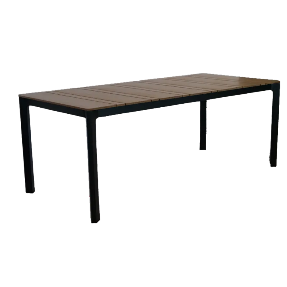 Rectangular table with wooden top and black metal legs on a white background