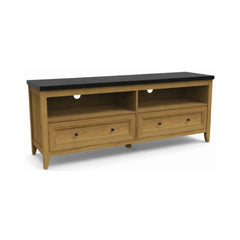 Wooden TV stand with black top on a white background