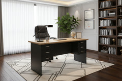 Black office desk with a light wood top on a white background