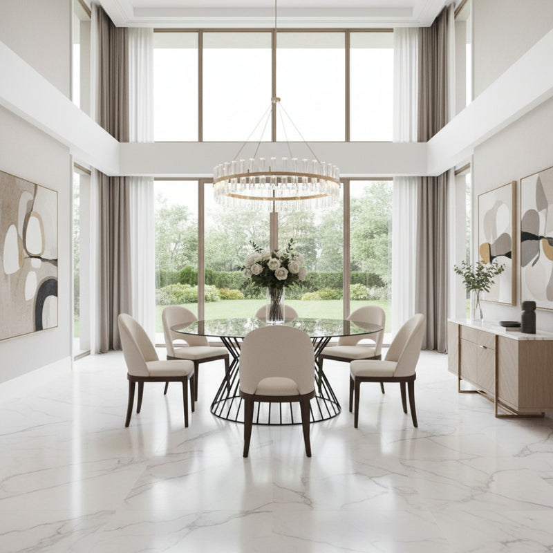 Alphard Dining Table Round 1m Glass Top Metal Frame-zoom-